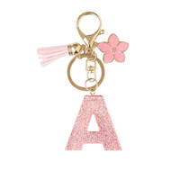 Porte-clés en résine scintillante en forme de lettre J, style coréen, DIY, rose, 26 lettres de l'alphabet anglais, avec pendentif fleur et pompon, pour femmes