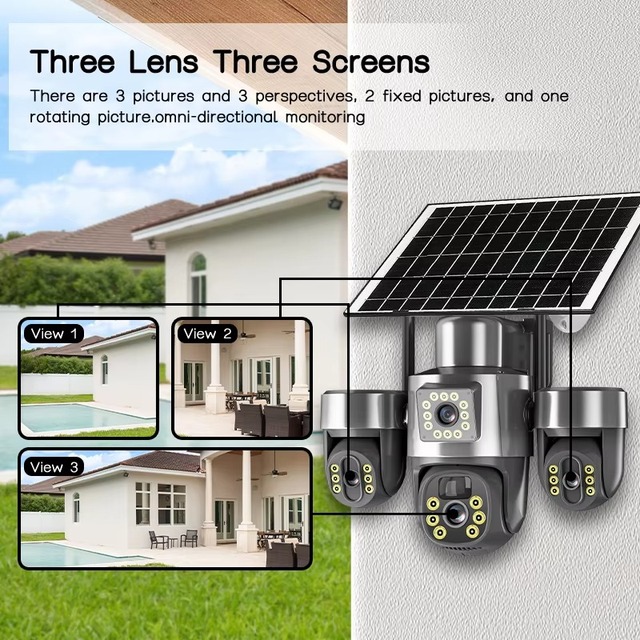 Solar Power 4G SIM Security Camera System 3 Channel PTZ Lens CMOS Wide Angle Outdoor IP66 Waterproof Human Motion Detection