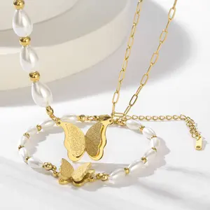 Fashion Imitation Pearl Stainless Steel Gold Steel Bead Bracelet Custom Popular Creative Butterfly Pendant Necklace Jewelry Set
