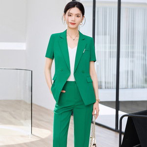 Women's Green Short Sleeve Blazer Suit <b>Set</b> Summer Breathable <b>Office</b> Lady Style Worsted Fabric - Product Image 1