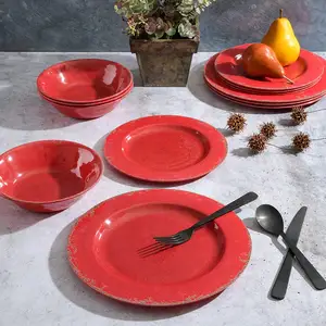 Factory Wholesale Rustic Crackle Red 12 Pieces Bowls And Plates Dinnerware Sets Melamine For 4 People