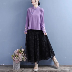 Women's Traditional Chinese Style Stand Collar Shirt Long Sleeve Embroidered Purple Slim Fit Spring Autumn Base Layer - Product Image 2