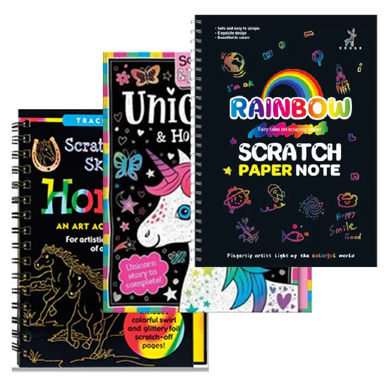 Customized 10pages Rainbow Horse 16K Drawing Paper scratch art board DIY scratch book