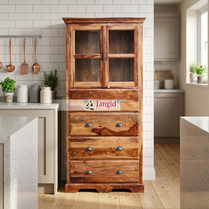 Armoire de rangement moderne en bois massif, vitrine pour cuisine, armoire de rangement pour salon, placard à 4 tiroirs et 2 portes, fabrication artisanale - Product Image 3