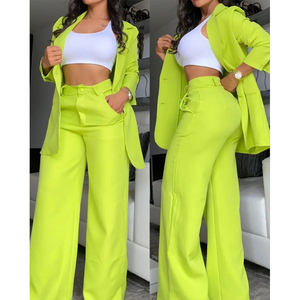 Costume élégant et écologique pour femme, style européen et américain, automne 2026, couleur unie, manches fendues, revers, <span class=keywords><strong>pantalon</strong></span> long décontracté à poches droites - Product Image 5