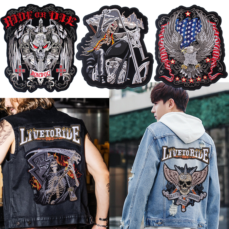 Punk Biker teschio grandi toppe di ferro/cucire su ricamo toppe per i vestiti Applique di alta qualità grandi toppa posteriore distintivo