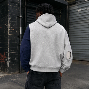 Sweat-shirt surdimensionné épais à capuche avec logo personnalisé OEM, manches contrastantes, empiècements aux coudes, impression graphique et fermeture éclair intégrale pour marque - Product Image 4