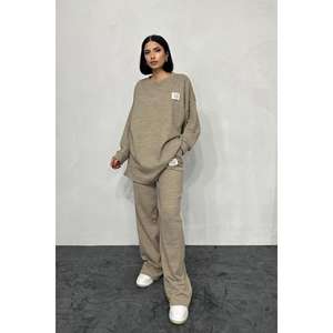 Conjunto de Dos Piezas Beige Holgado al por Mayor, con Blusa y Pantalones de Diseño Sólido, Tallas XS S M L XL para Primavera, Verano y Otoño - Product Image 3