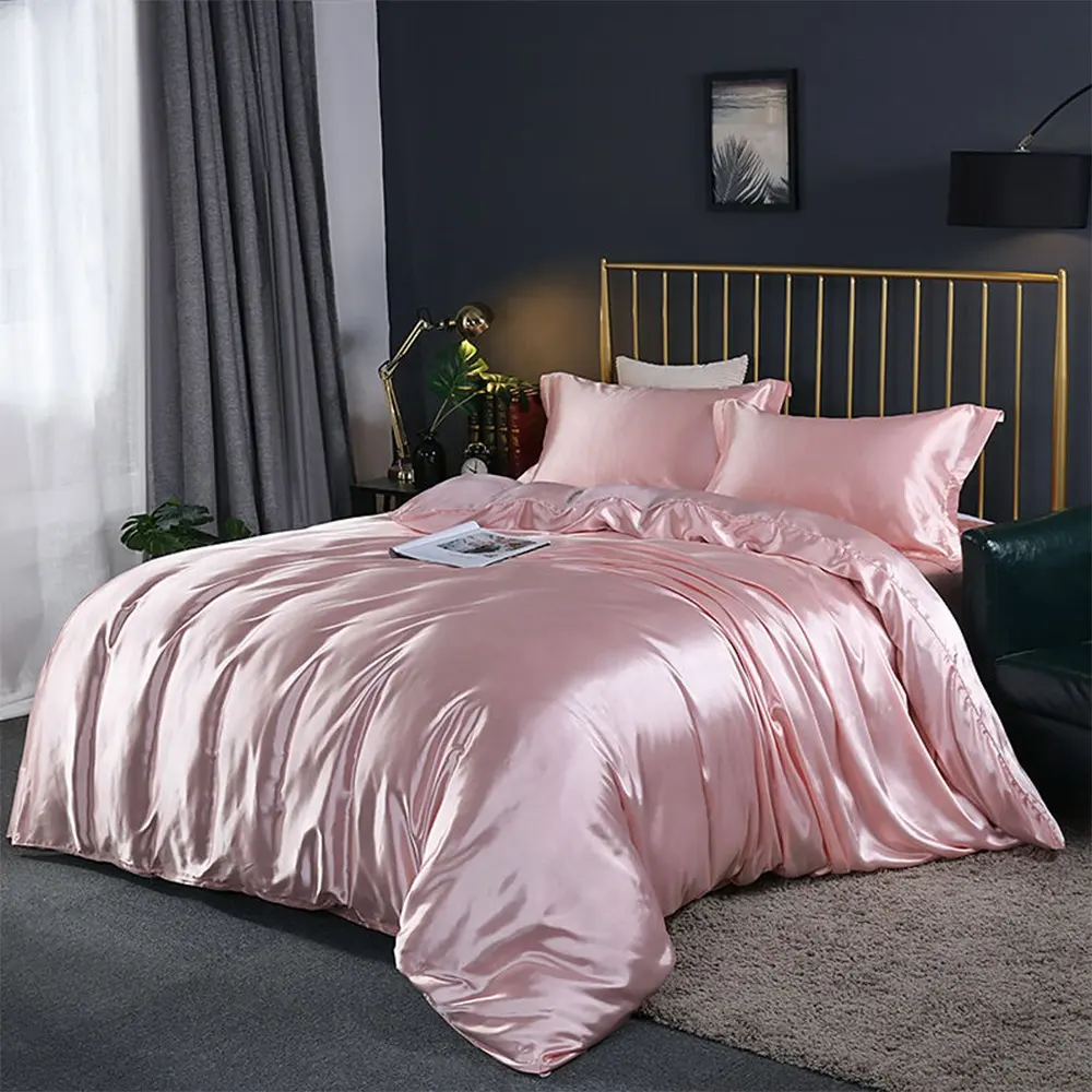 Jogo de edredon da amazon, capa de edredon cor sólida, ultra luxuosa e macia com design escondido, capa rosa de cetim e seda