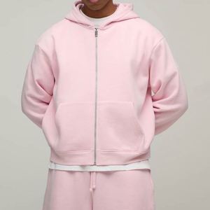 Ensemble de survêtement rose uni pour homme, 2 pièces : sweat à capuche zippé ample et pantalon de survêtement capri 3/4 à jambes larges - Product Image 3