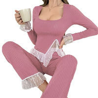 Ensemble de vêtements de maison pour femmes de haute qualité, sexy, à col carré, à manches longues, couleur unie