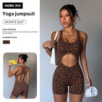 Combinaison de yoga une pièce imprimé léopard pour femme, dos ouvert, effet push-up fessier, short, pour la gym, l'entraînement et le fitness