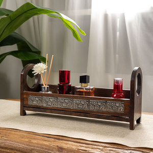 Caja de almacenamiento de cosméticos retro de madera maciza, organizador de maquillaje de escritorio, estante de madera hecho en Tailandia para tocador de baño - Product Image 2