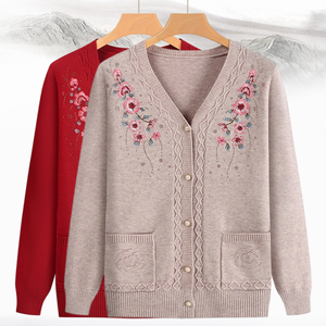 Cárdigan Casual con Cuello en V para <span class=keywords><strong>Mujer</strong></span>, con Bordado y Cuentas Termoadhesivas, Prenda de Punto Exterior con Bolsillos y Botones, Suéteres Cálidos - Product Image 1