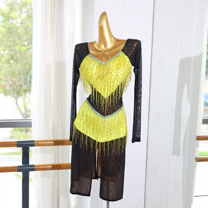 Vestido de Baile Latino Amarillo y Negro, Instrumento Musical Tradicional Chino de Madera de Palisandro, Traje Completo para Actuación - Product Image 1