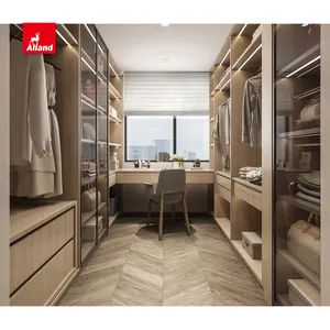 Armario Abierto Modular de Diseño Moderno Allandcabinet con Acabado en Madera Paralela, Puerta de Vidrio y Escritorio - Product Image 1