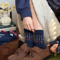 Chaussettes mi-mollet en polaire chaudes pour femmes, printemps, automne et hiver, en rouge et bleu, chaussettes en polaire rayées à petit ours