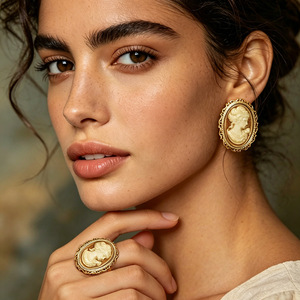 Boucles d'oreilles clous en acier inoxydable de style vintage, incrustées de résine, motifs de peinture à l'huile portant des portraits, design esthétique, 18k - Product Image 1