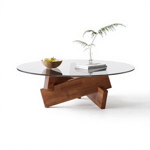 Mesa de Centro Redonda Moderna y Duradera con Tapa de Vidrio Templado y Base de Madera, Diseño de Mediados de Siglo, Muebles para Sala de Estar - Product Image 4
