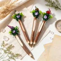 Stylo Baguette Champignon en Cristal, Fait Main en Bois et Mousse, avec Améthyste/Quartz Rose, Outil d'Écriture Magique Spirituel de Guérison, Cadeau Sorcier
