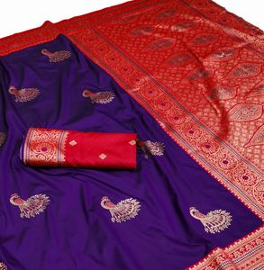 Exclusive Silk Saree with <b>Blouse</b> Piece Purple Silk Saree With Peacock Embroidery <b>Red</b> Border For Wedding Wear - Product Image 2