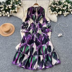 Abiti da Donna Stile Elegante con Stampa Floreale 3D, Maniche Lunghe e Orlo a Volant, Vestito Linea A alla Moda - Product Image 3