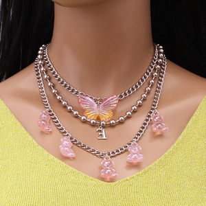 Collar en capas con dijes de mariposa y oso, aleación de zinc, cadena múltiple, joyería de moda para mujer, regalo. - Product Image 3