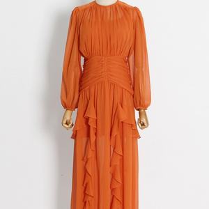 Vestido de Chifón de Moda con Manga Larga, Cintura Alta, Volantes y Manga Farol, Liso, Midi, para Mujer, Venta al por Mayor Personalizada - Product Image 4