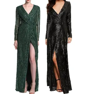 Boutique calidad verde de manga larga profundo cuello pico de lujo lentejuelas maxi vestidos de noche para mujer sexy fiesta noche