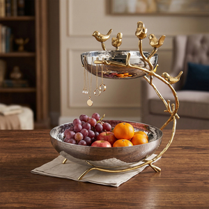 Elegant <b>2</b> <b>Tier</b> Hammered Metal <b>Fruit</b> <b>Bowl</b> with Gold Bird Branch Design Decorative Serving Stand Jewelry Organizer Display Tray - Product Image 1