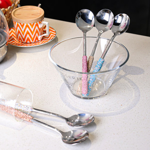 Ensemble de cuillères en acier inoxydable Jin Hui avec strass, 5 pièces, poli miroir, cuillères à café, à thé, à soupe, manche décoratif, vaisselle de cuisine - Product Image 3