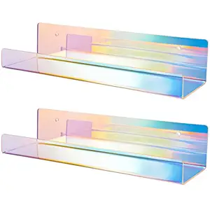 2PCS Iridescent Wall Mounted Clear Acrylic Floating Shelves, Tech Thick Invisible Wall Ledge Bookshelf Kids Book Display Shelves