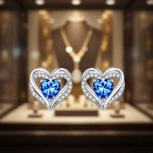 Orecchini a Perno E2890 a Forma di Cuore con Gemma Blu, Placcati in Argento 925, Gioielli in Cristallo per Uso Quotidiano da Donna - Product Image 2