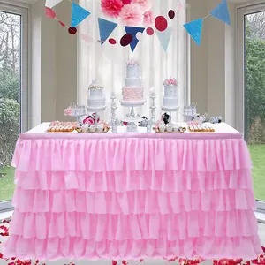 雪纺桌布9英尺粉色生日派对芭蕾舞桌裙婚纱薄纱裙褶边桌裙