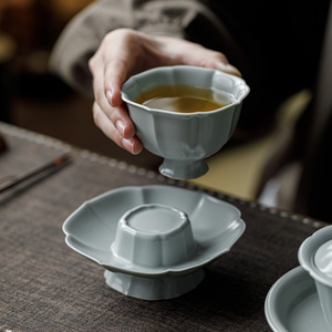 Sky Blue Ru Kiln Stem Tea <b>Cup</b> With Coaster Ceramic Master <b>Cup</b> <b>Set</b> New Chinese Style Home Tea Tasting - Product Image 3