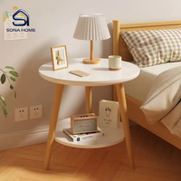 Table de chevet ronde minimaliste à deux niveaux avec pieds en pin massif et rangements multiples pour chambre, chevet, balcon, ameublement de maison