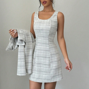 Completo da donna in <span class=keywords><strong>tweed</strong></span> personalizzato, due pezzi, giacca corta a maniche lunghe e mini abito senza maniche, elegante set per ufficio o feste. - Product Image 6