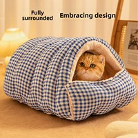 Lit pour chat en velours chaud toutes saisons, lit pour chien fermé avec tunnel, respirant et imperméable, lavable en machine