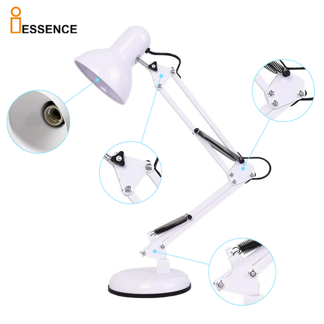 Adjustable Swing Arm LED E27 Bulb Desk Lamp with Black Metal Shade Iron Frame European Design 3000-6000K for Bedroom Study Use