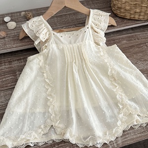 Jolie robe d'été sans manches en coton mélangé avec dentelle et œillets pour bébé fille, idéale pour le quotidien - Product Image 2