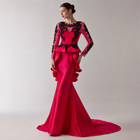 Robe de soirée sirène fuchsia et noire en dentelle, manches longues illusion, satin, peplum, traîne, pour bal de promo, sur mesure, vente en gros