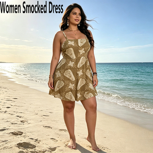 Abito Estivo da Donna all'Ingrosso, Smocked, Personalizzato, con Stampa Floreale Hawaiana, Casual, Ampio, <span class=keywords><strong>Senza</strong></span> <span class=keywords><strong>Maniche</strong></span>, con Spalline Regolabili, Arricciato - Product Image 1