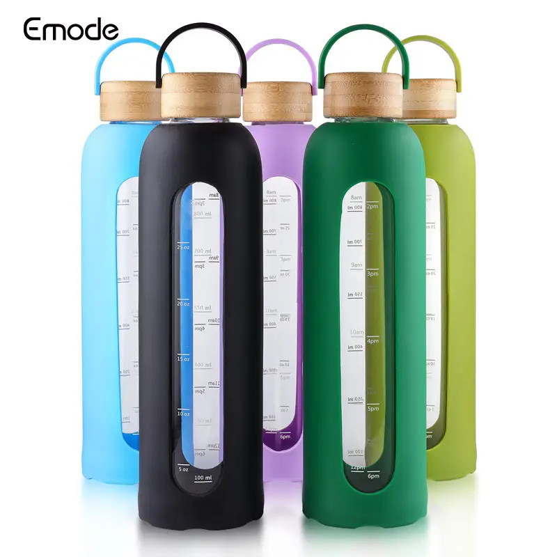 Emode 32oz Borosilicate Glass Water with Time Marker Bottles BPA-Free Non-Slip Silicone Sleeve Transparent Water Bottle Glass