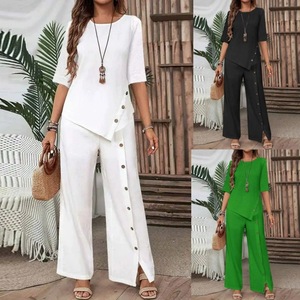 Conjunto de Dos Piezas para <span class=keywords><strong>Mujer</strong></span>, Nuevo Modelo 2026, Top con Botones y Dobladillo Irregular y Pantalones Anchos, Estilo Casual y Holgado - Product Image 2