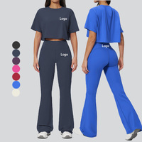 Ensemble de vêtements de sport pour femmes, respirant et anti-transpiration, t-shirt à manches courtes ample, leggings évasés taille haute, ensemble de yoga pour femmes, vêtements de sport actifs