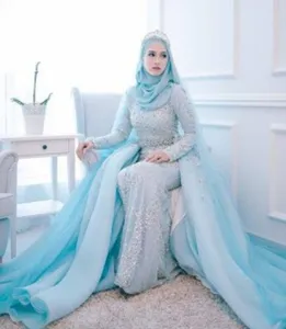 穆斯林简约浅蓝色可拆卸美人鱼婚纱厂家供应小拖尾新娘穆斯林婚纱