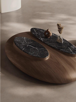 Moderner Minimalistischer Luxus-Couchtisch in Braun, Oval, Ei-Form, Wohnzimmermöbel aus Mikrokristalliner Stein- und Holzoptik, Pflegeleicht, mit Stauraum 9513