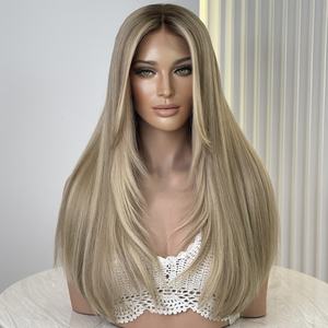 Perruque longue en dentelle complète avec mèches blond platine, coupe en couches volumineuses, cheveux vierges russes, double trame, <span class=keywords><strong>frange</strong></span> en cheveux de bébé transparente - Product Image 2