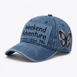 Custom Logo 6 Panel Cap Washed Denim Cotton Front Patch Applique Side <b>Flat</b> Embroidery Gorras Vintage Baseball <b>Hat</b> Supplier - Product Image 1