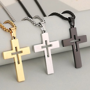 Collar con colgante de cruz hueca pulida para hombre, de acero inoxidable, estilo punk gótico, joyería religiosa cristiana, regalo para rapero - Product Image 1